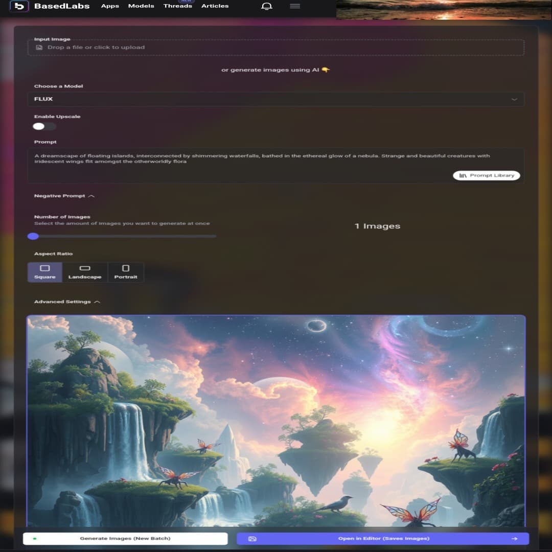 نموذج Flux على basedlabs واجهة أداة Flux.1 على موقع Basedlabs مع تحويل نص إلى صورة كمثال