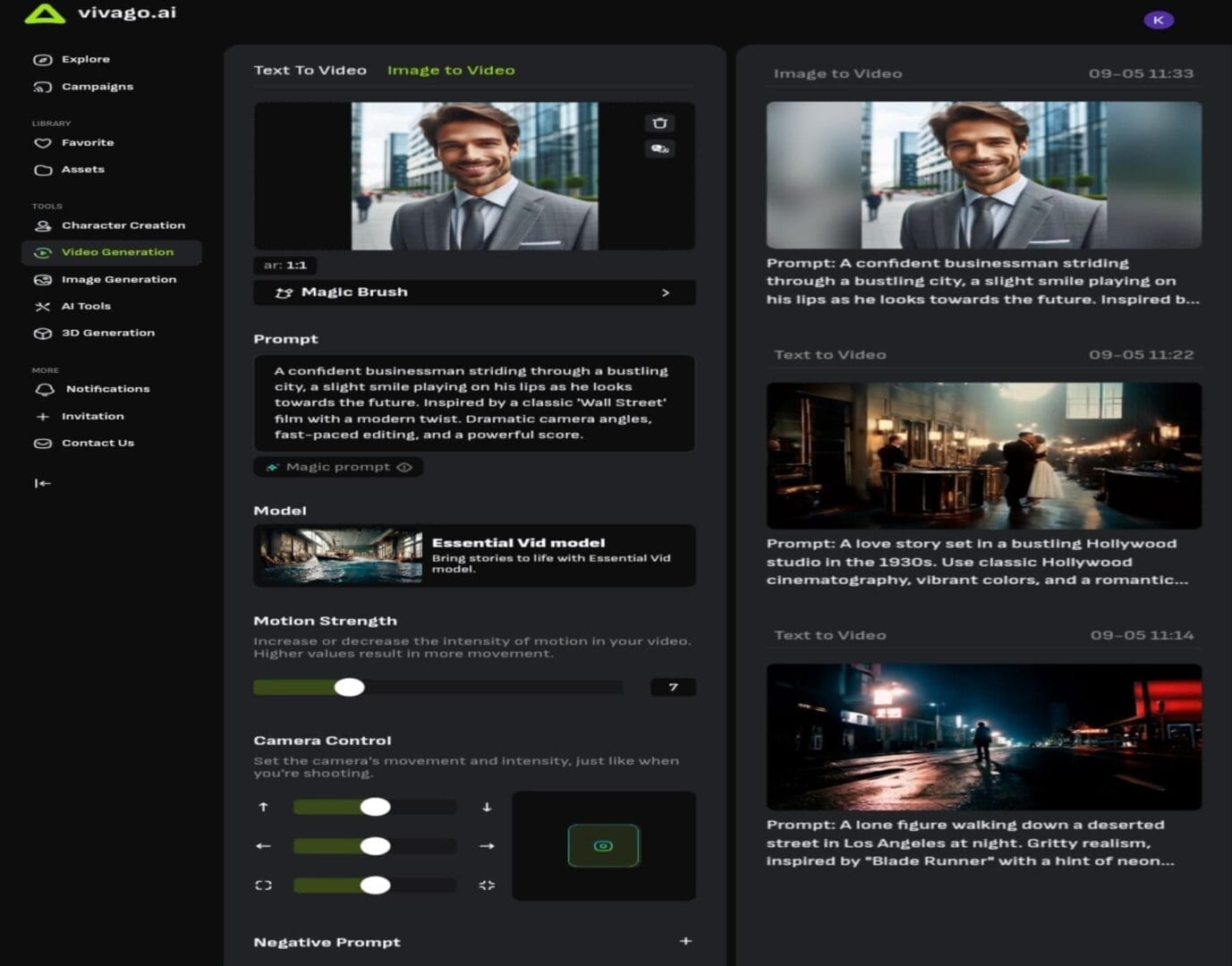 Interface of the free video generator with a practical example of converting an image into a video.