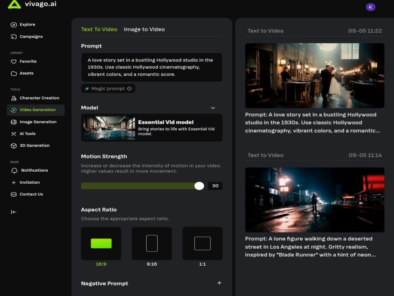 Interface of the free video generator with a practical example of converting text into a video clip.