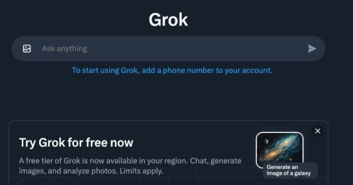 Free Grok-2 on X واجهة أداة Grok-2 داخل منصة "X" مع إتاحة الوصول المجاني
