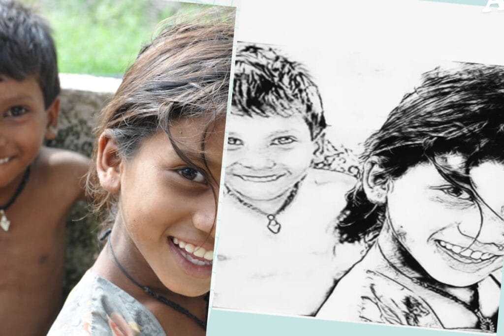 Sketo ai tool Before and after transformation of two children’s photos into a stunning AI-generated sketch.