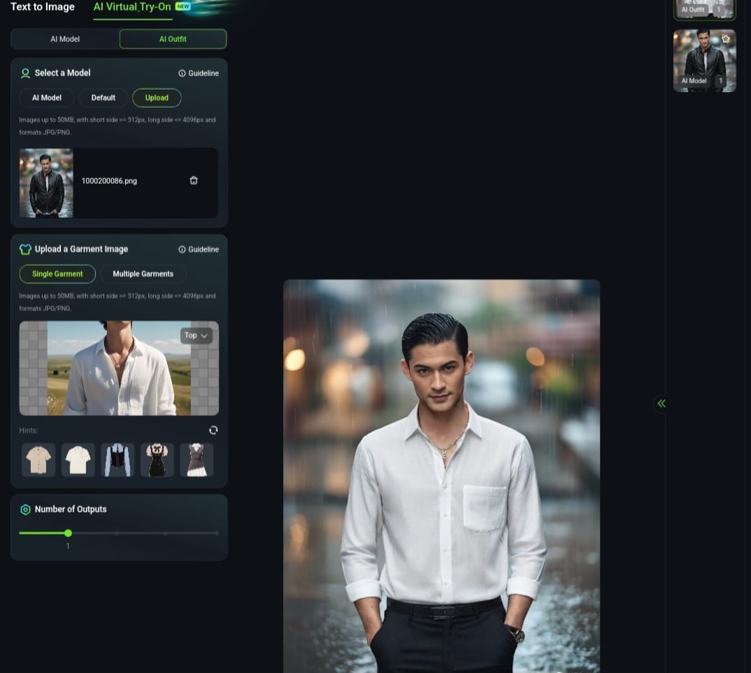 Changing clothes using a reference image with the AI Virtual Try-on feature.