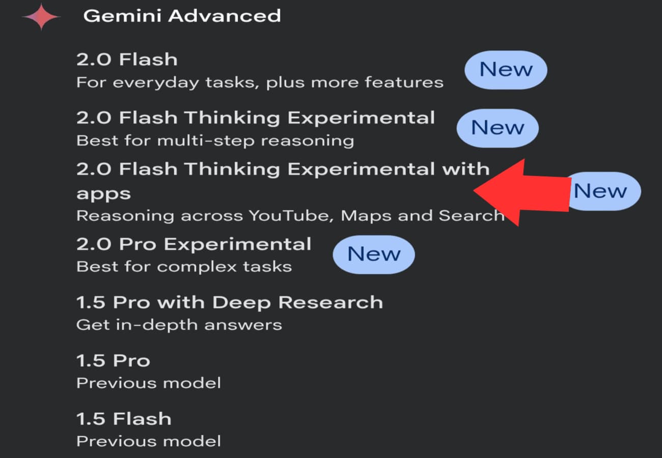قائمة نماذج Gemini 2.0 عبر موقع جيميني، تتضمن نموذج Flash Thinking Experimental with apps