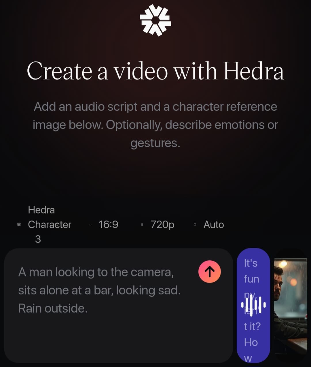 The interface for Character-3, showing the steps for creating video, images, and audio.