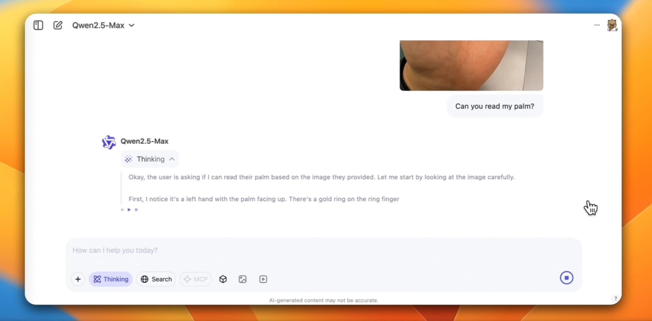 QVQ-Max يفسر قراءة صورة كف إنسان، مثال توضيحي مرجعي QVQ-Max يفسر قراءة صورة كف إنسان، مثال توضيحي مرجعي