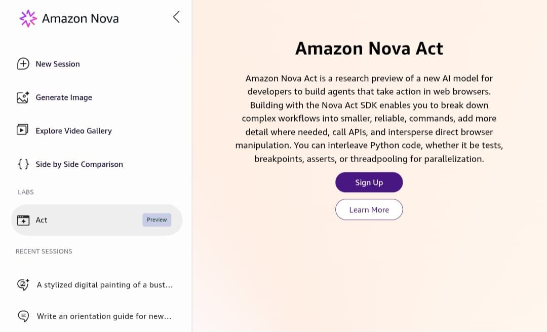واجهة قسم Amazon Nova Act، يوضح أنه "معاينة بحثية" للـ SDK الخاص ببناء وكلاء الذكاء الاصطناعي.