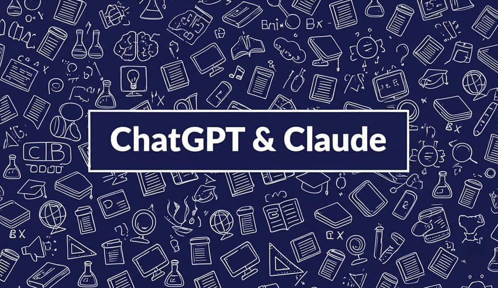 صورة تعرض نص ChatGPT و Claude فوق خلفية زرقاء بنمط أيقونات تعليمية وعلمية مرسومة، ترمز لمبادرات الذكاء الاصطناعي في التعليم.