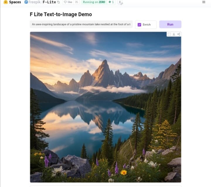 واجهة تجربة نموذج F-Lite من Freepik على منصة HuggingFace لتوليد الصور بالذكاء الاصطناعي، مع مثال لإنشاء صورة لمشهد طبيعي بناءً على وصف نصي.