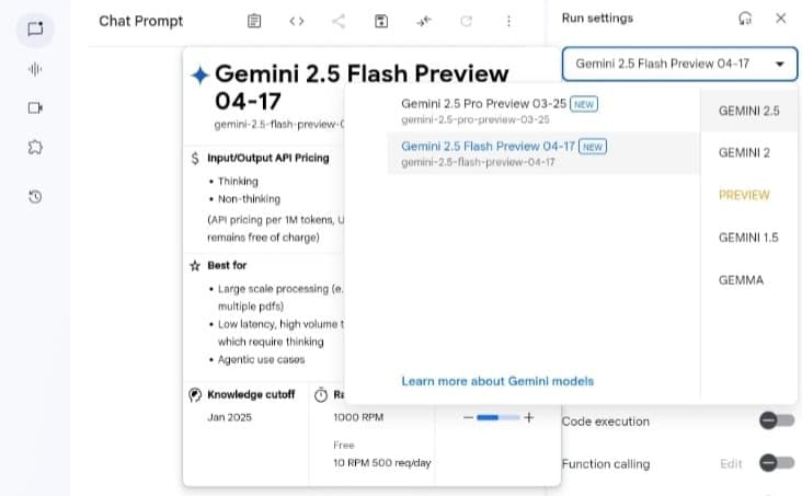 لقطة شاشة لواجهة Google AI Studio تُظهر اختيار نموذج Gemini 2.5 Flash Preview بتاريخ 17-04، مع إشارة إلى تاريخ قطع المعرفة في يناير 2025 ضمن إعدادات النموذج.