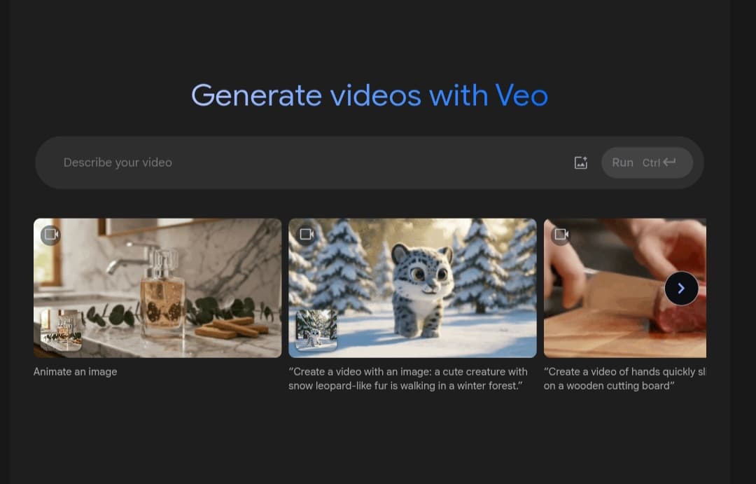 واجهة المستخدم لنموذج Veo-2 في منصة Google AI Studio لتوليد الفيديو مع أمثلة توضيحية لقدرات الأداة.