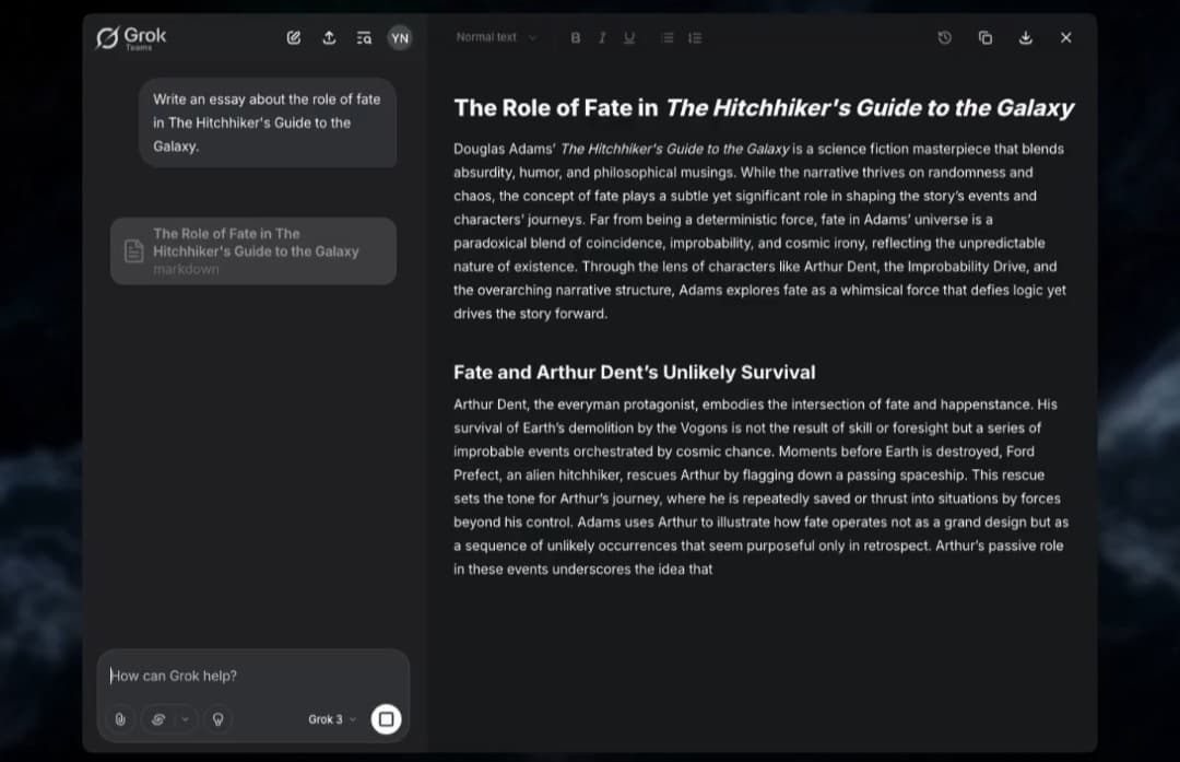Screenshot of the Grok Studio interface showing its use in creating a text document (essay) via AI.