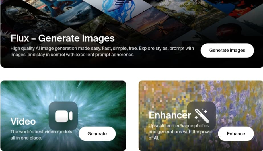 لقطة شاشة من واجهة Krea AI تعرض أدوات Flux لتوليد الصور، أداة الفيديو، وأداة Enhancer لتحسين الصور.