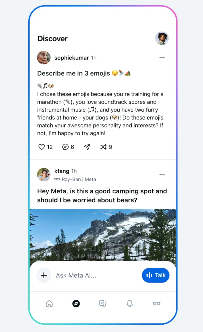 لقطة شاشة لقسم "Discover" في تطبيق Meta AI، تعرض أمثلة لتفاعلات المستخدمين مع المساعد الذكي، مثل طلبات نصية وأسئلة عن الصور.