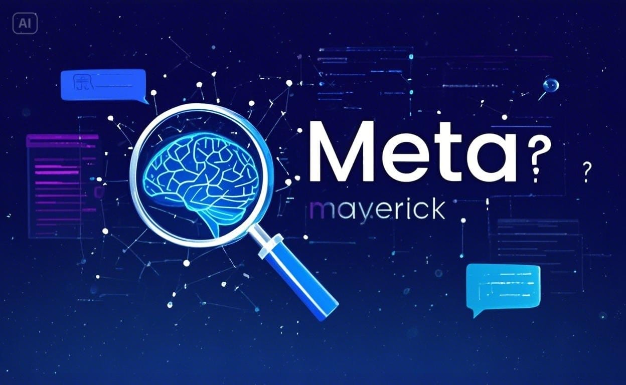 Magnifying glass examining a digital brain, with the words Meta and maverick, representing the evaluation and questions about Meta's Llama-4 AI model performance.