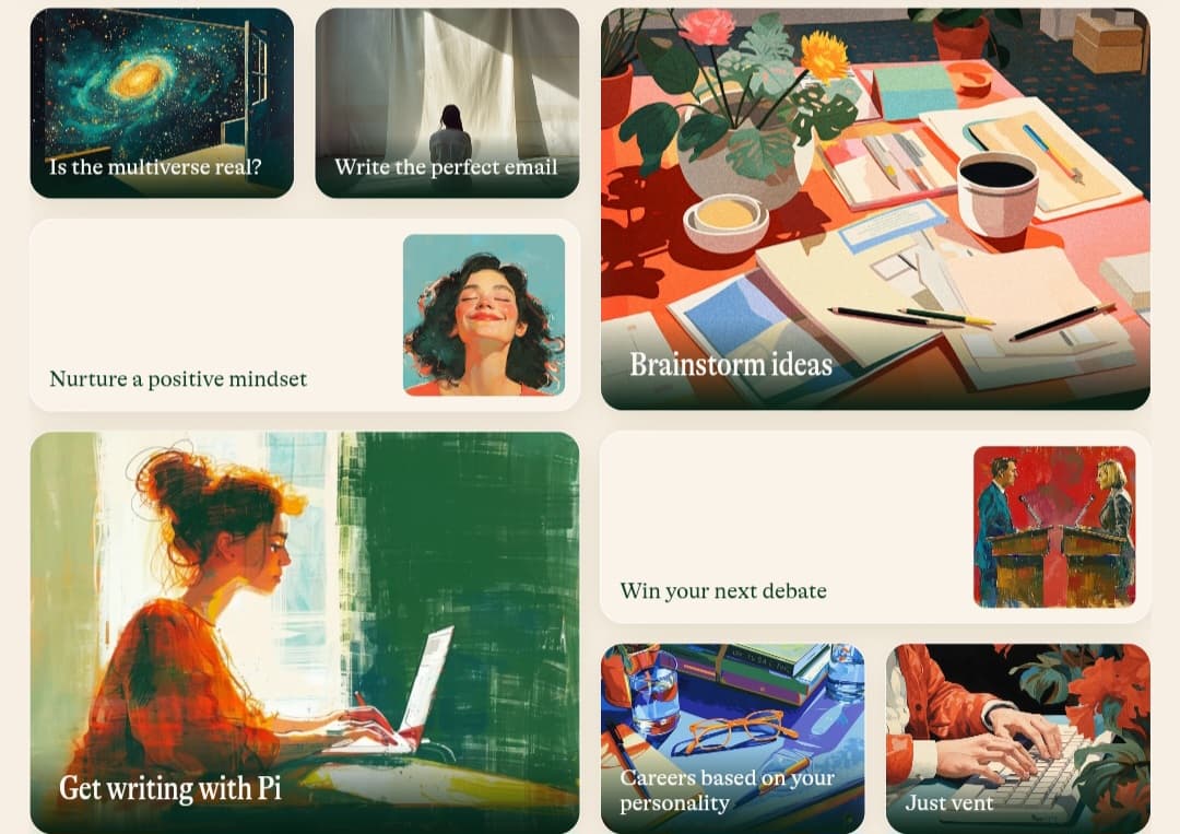 Examples of conversation topics and ideas offered by the Pi AI assistant, such as brainstorming, writing emails, and getting personal advice.