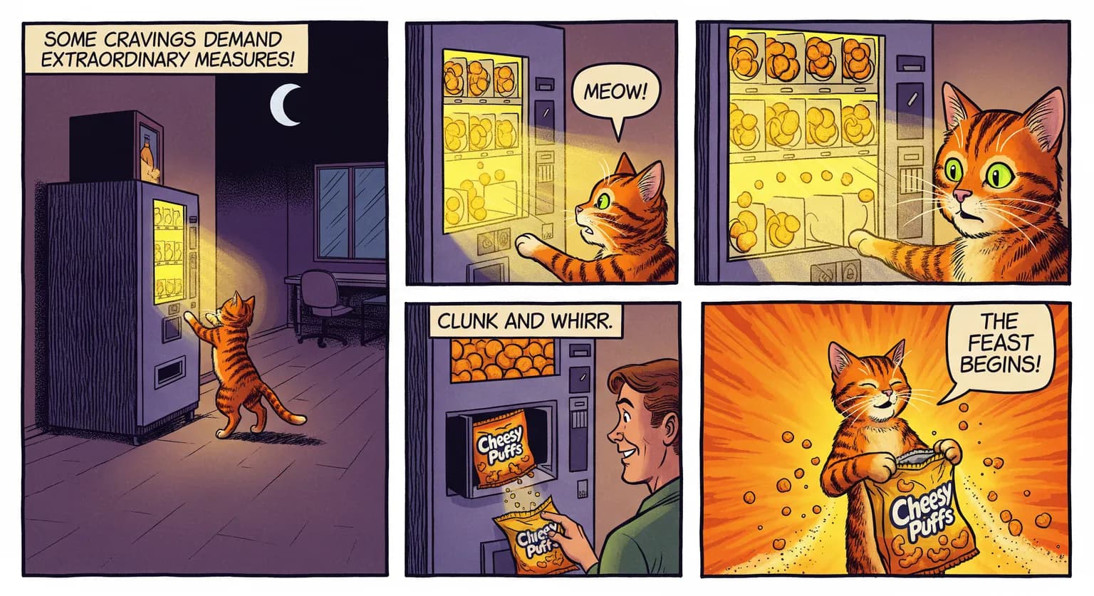 كوميك قطة "Cat Comic"، يشمل عدة صور تبرز قدرة Imagen 4 على كتابة النصوص بكفاءة ودقة عالية.