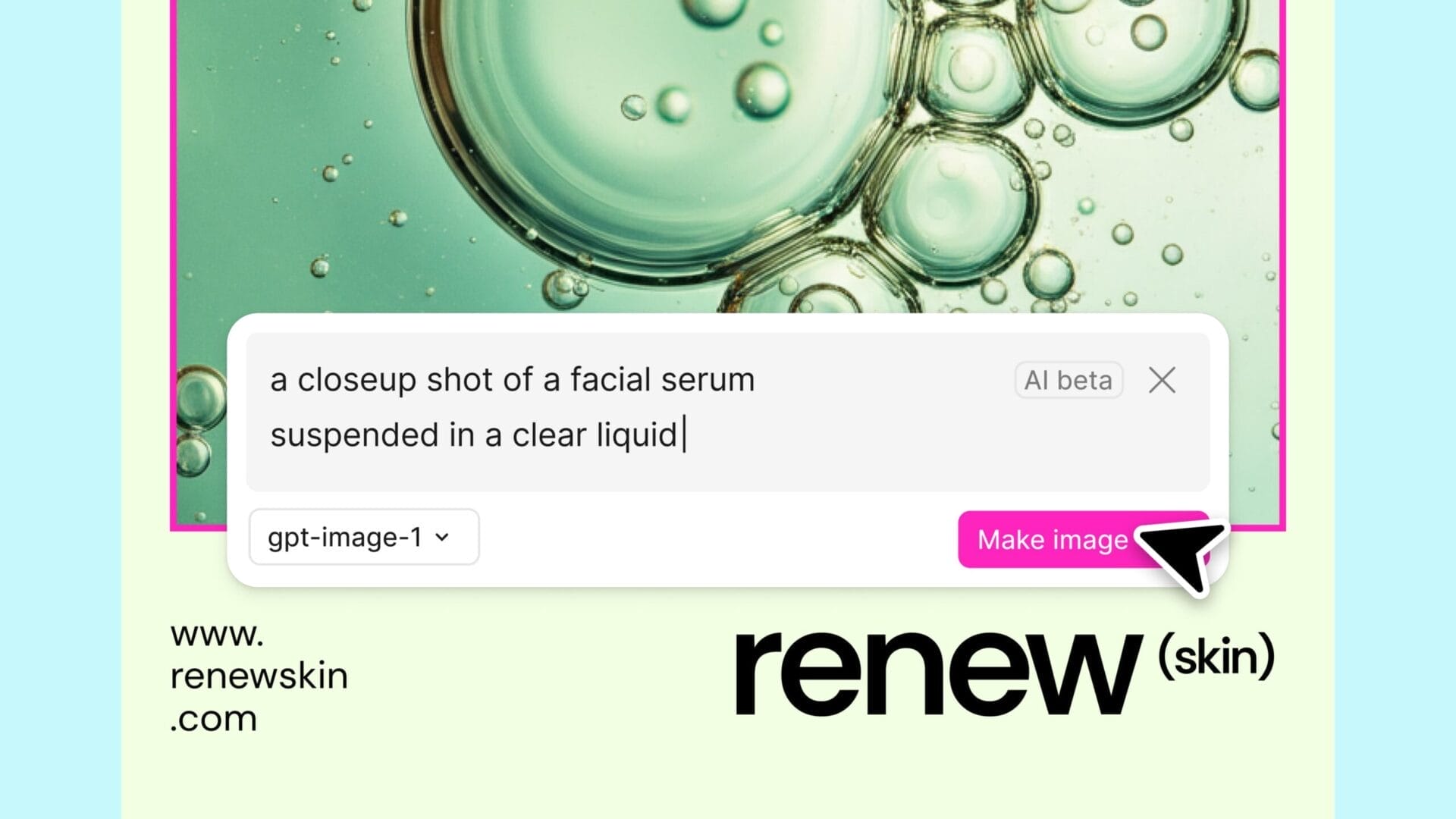 Figma Buzz interface showing AI image generation feature with example prompt for skincare serum.