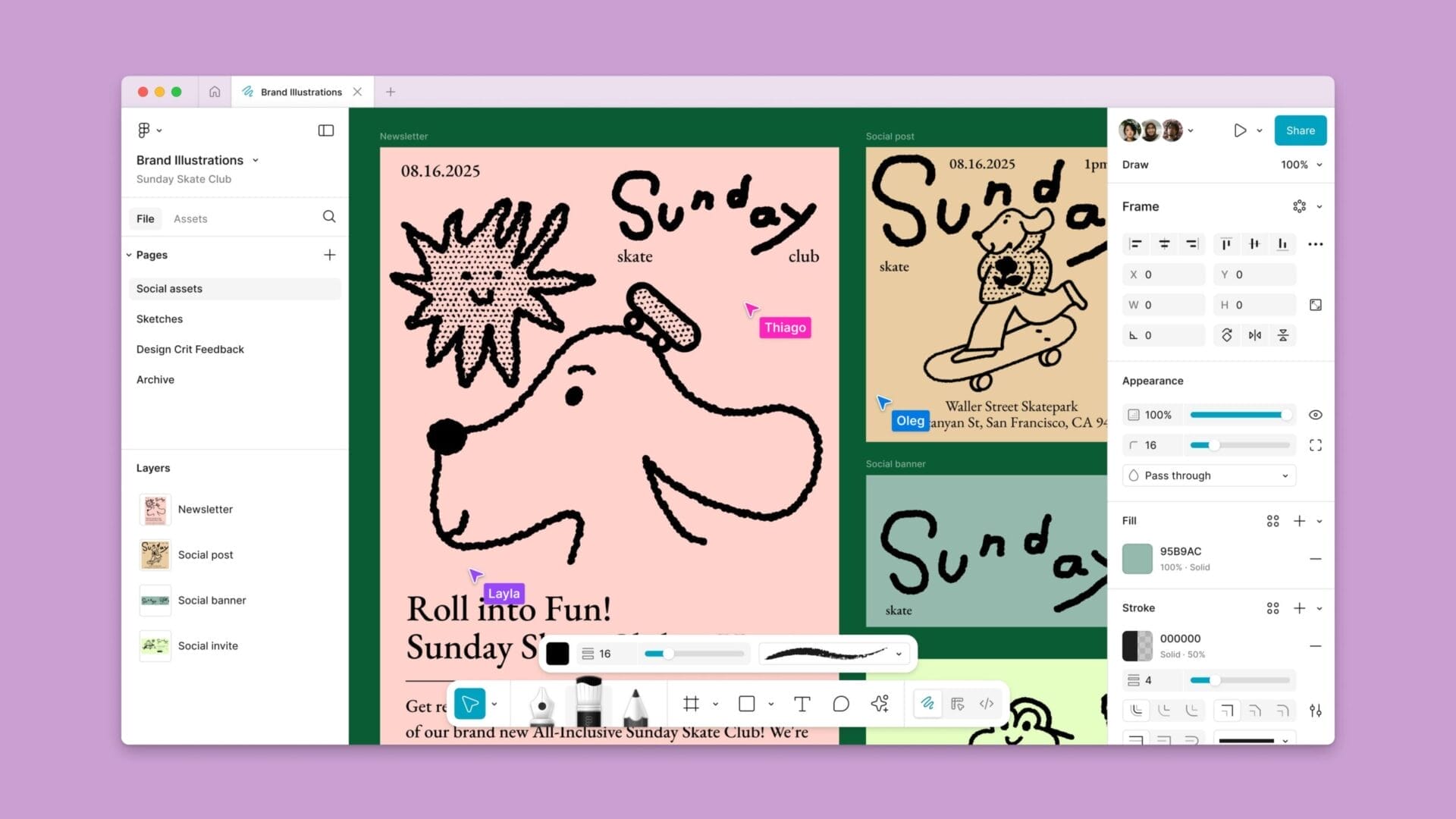 Figma Draw interface showing illustration creation for 'Sunday Skate Club' and social media templates.