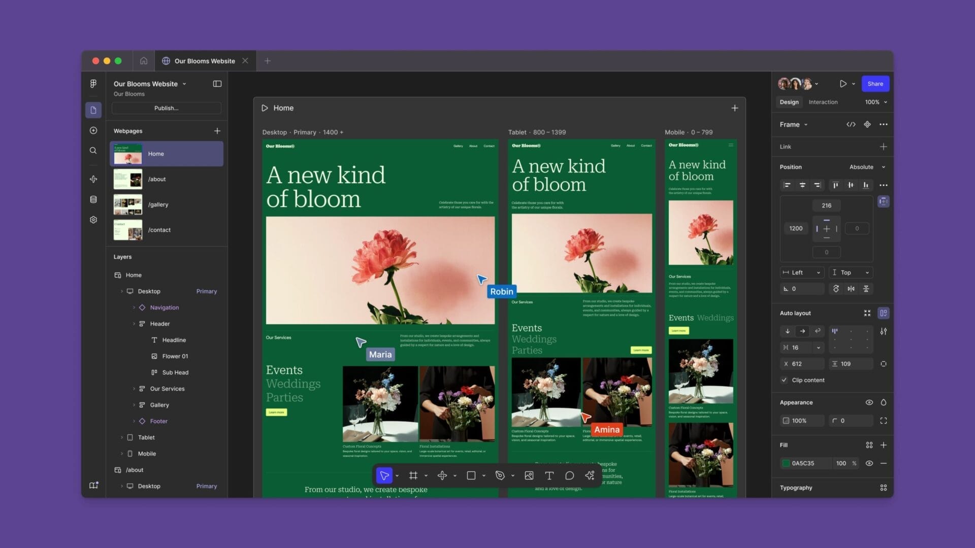 Figma Sites user interface showing responsive website design process and editing tools.