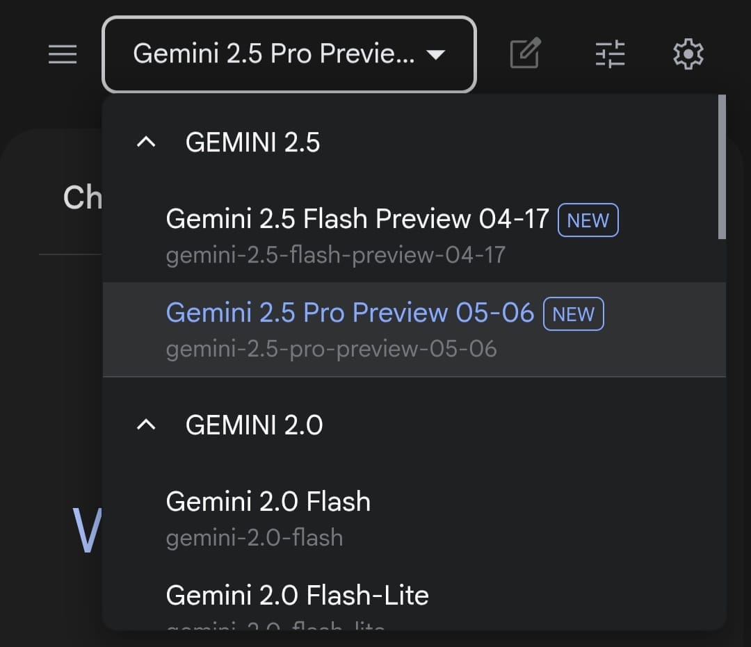 Screenshot showing the Gemini models selection list in Google AI Studio, highlighting the Gemini 2.5 Pro Preview 05-06 model marked [NEW]