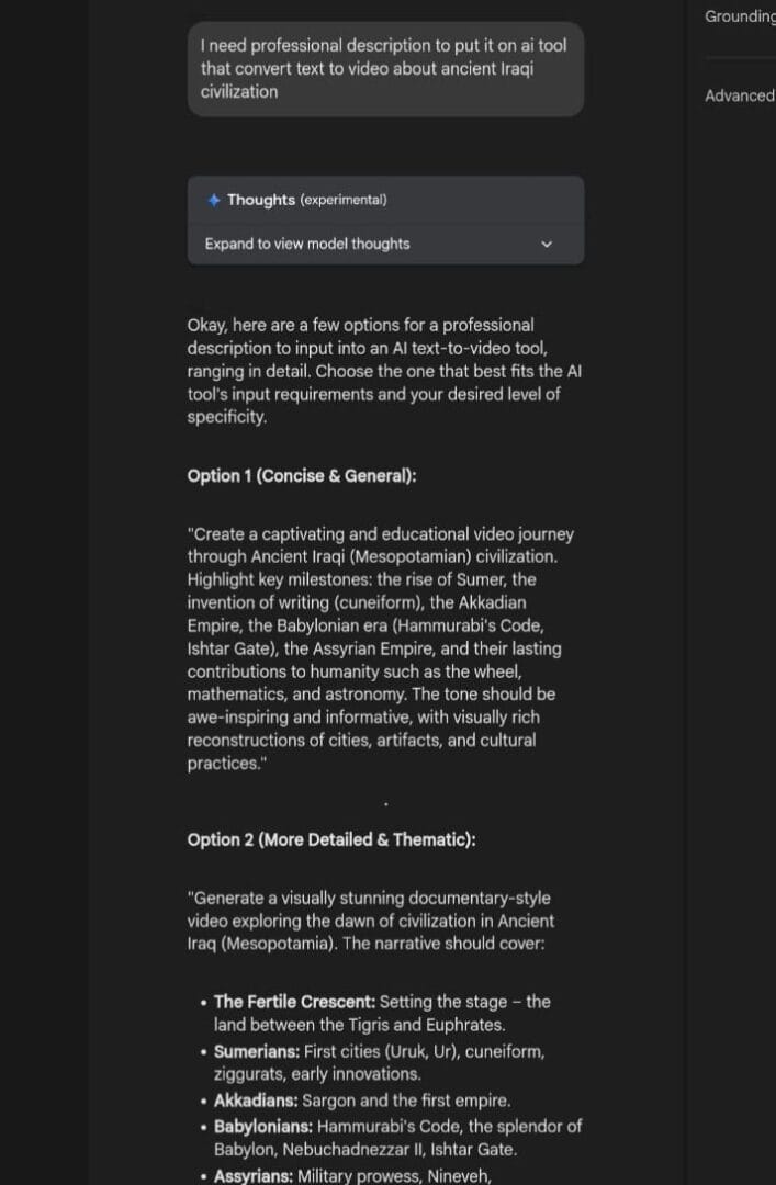 Example of a Prompt created using Gemini about iraqi civilization, to be used for video generation