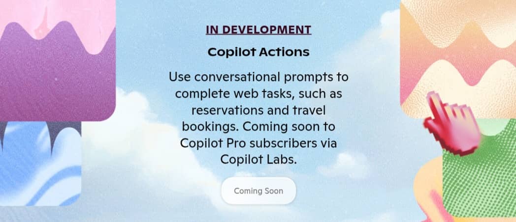 A banner announcing Microsoft's imminent launch of the "Actions" feature within the labs tab in Copilot.