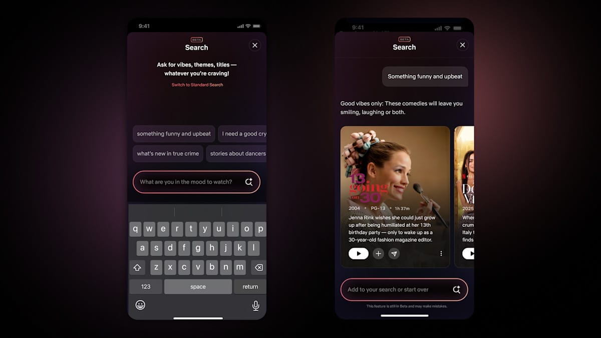 Netflix AI search feature interface on iOS phones, with an illustrative example