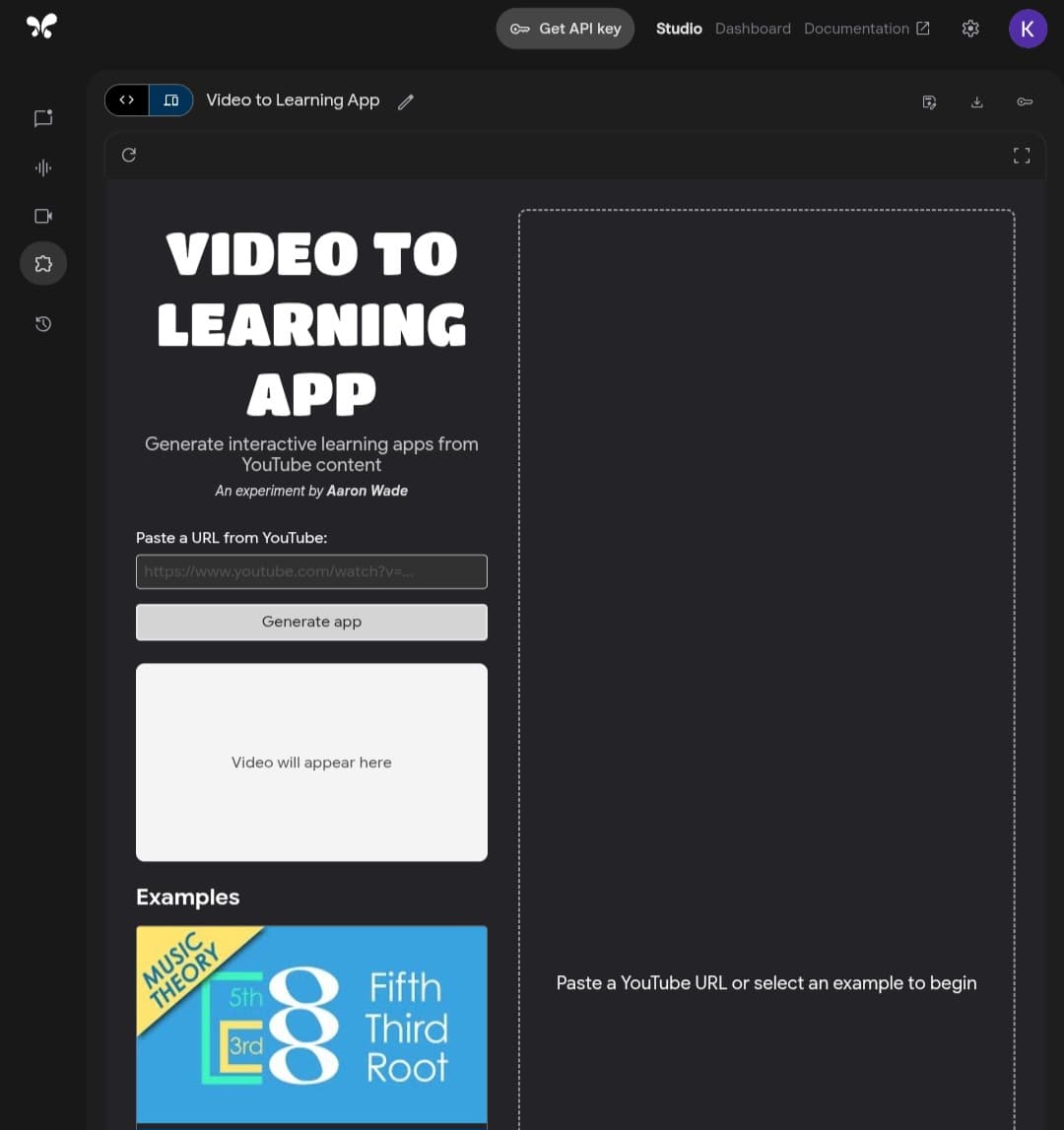 Screenshot of Google AI Studio interface showing the "Video to Learning App".
