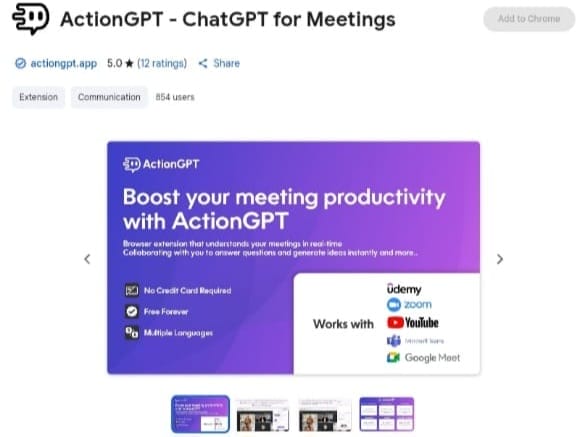 Screenshot of the ActionGPT page on the Chrome Web Store, titled 'ActionGPT - ChatGPT for Meetings.' The extension is presented as a solution for increasing meeting productivity and is highlighted as 'Forever Free'.