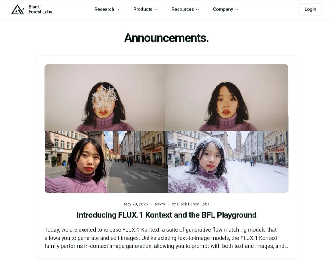 A screenshot from Black Forest Labs' official announcement page, showing a grid of four images demonstrating the capabilities of FLUX.1 Kontext AI image generation models, focusing on character consistency and contextual editing across diverse scenes and environments