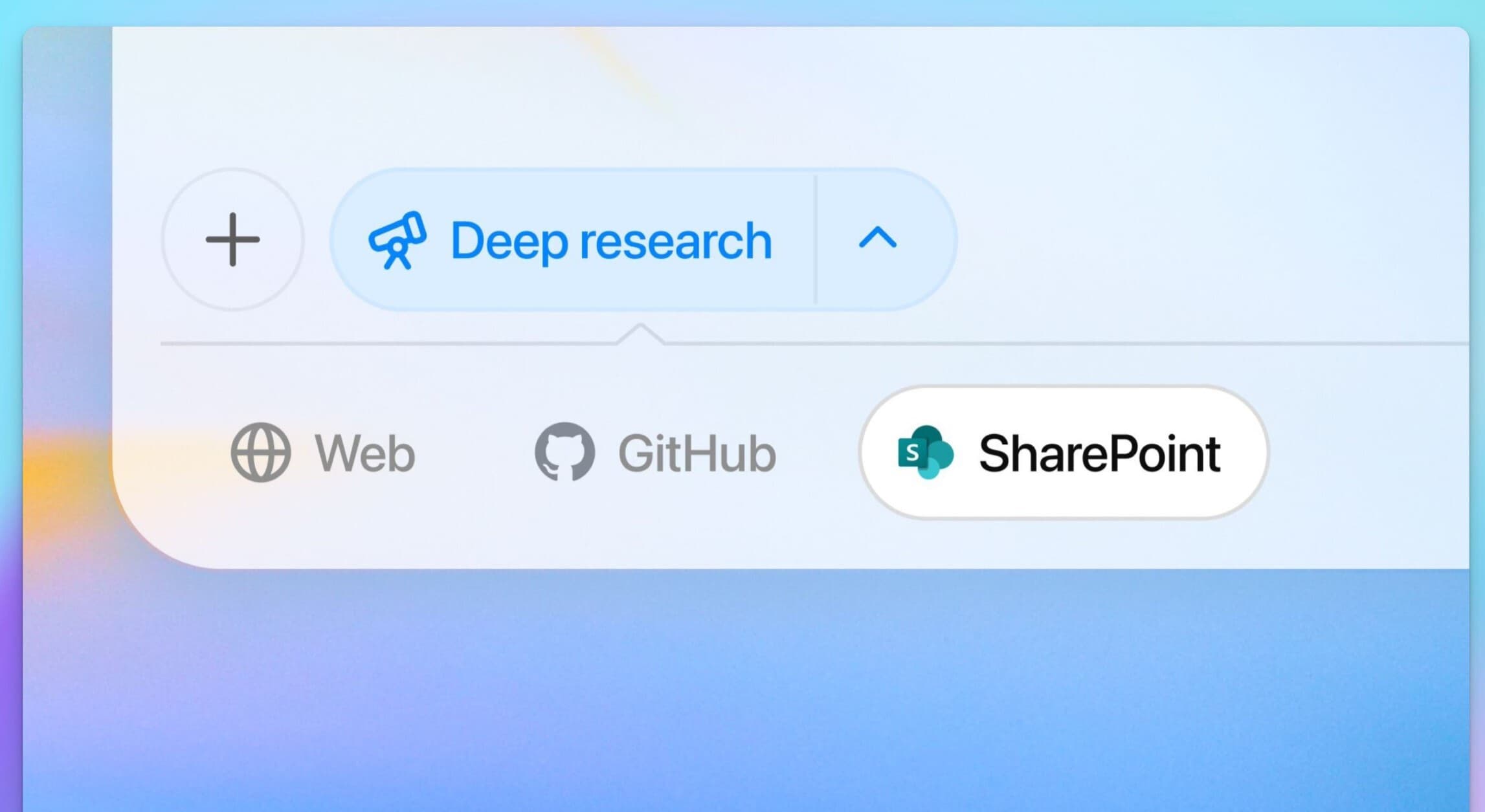 SharePoint selection interface in ChatGPT's Deep Research feature Screenshot of ChatGPT user interface showing the 'Deep Research' option with SharePoint selected as a search source, alongside Web and GitHub options.
