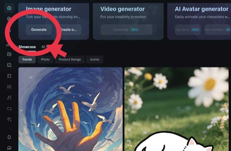 صورة واجهة موقع Dreamina تُظهر أقسام توليد المحتوى المختلفة. يظهر سهم ودائرة حمراء حول زر "Generate" تحت عنوان "Image generator" في الزاوية العلوية اليسرى، للإشارة إلى خطوة البدء في توليد الصور باستخدام النموذج.