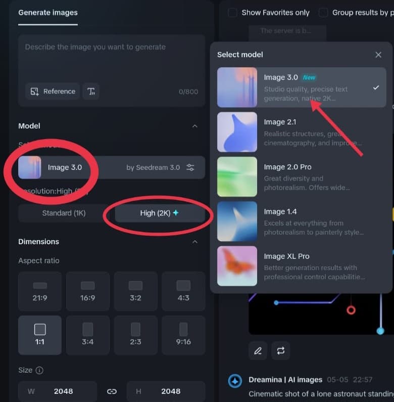 Dreamina interface: Selecting 'Image 3.0 by Seedream 3.0' and 'High (2K)' resolution.