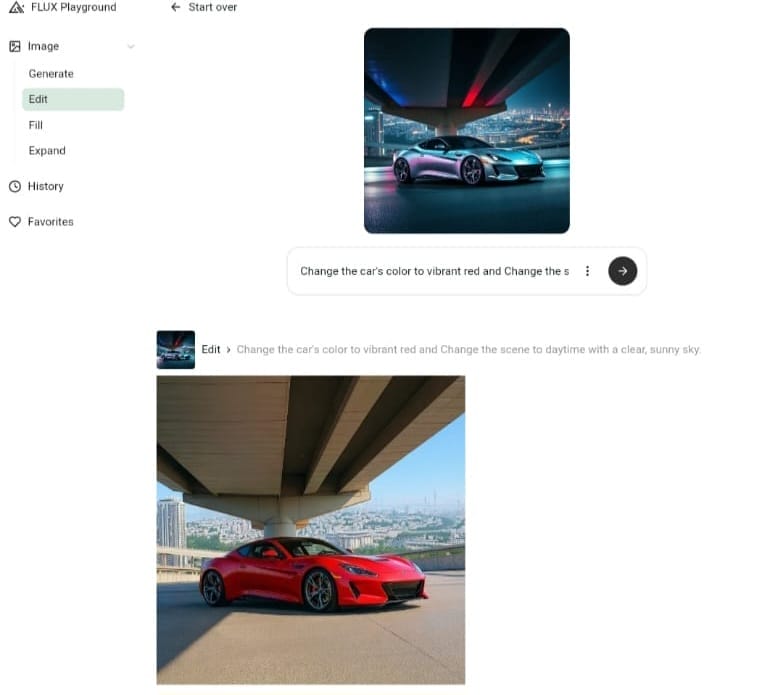 Screenshot from FLUX Playground interface, showing a silver sports car (original image) transforming into red in a daytime scene (result), based on a text prompt.