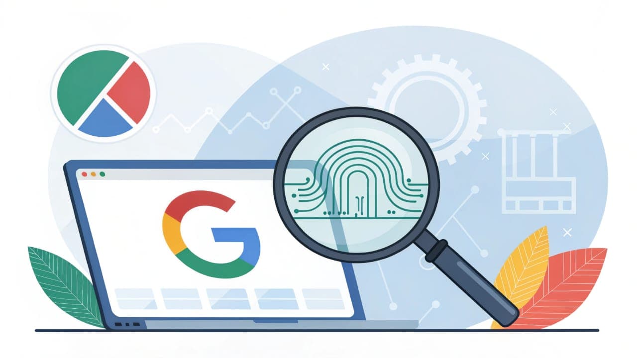 A laptop displaying the Google logo, with a magnifying glass over the screen showing a digital watermark, symbolizing the SynthID Detector tool identifying AI-generated content.