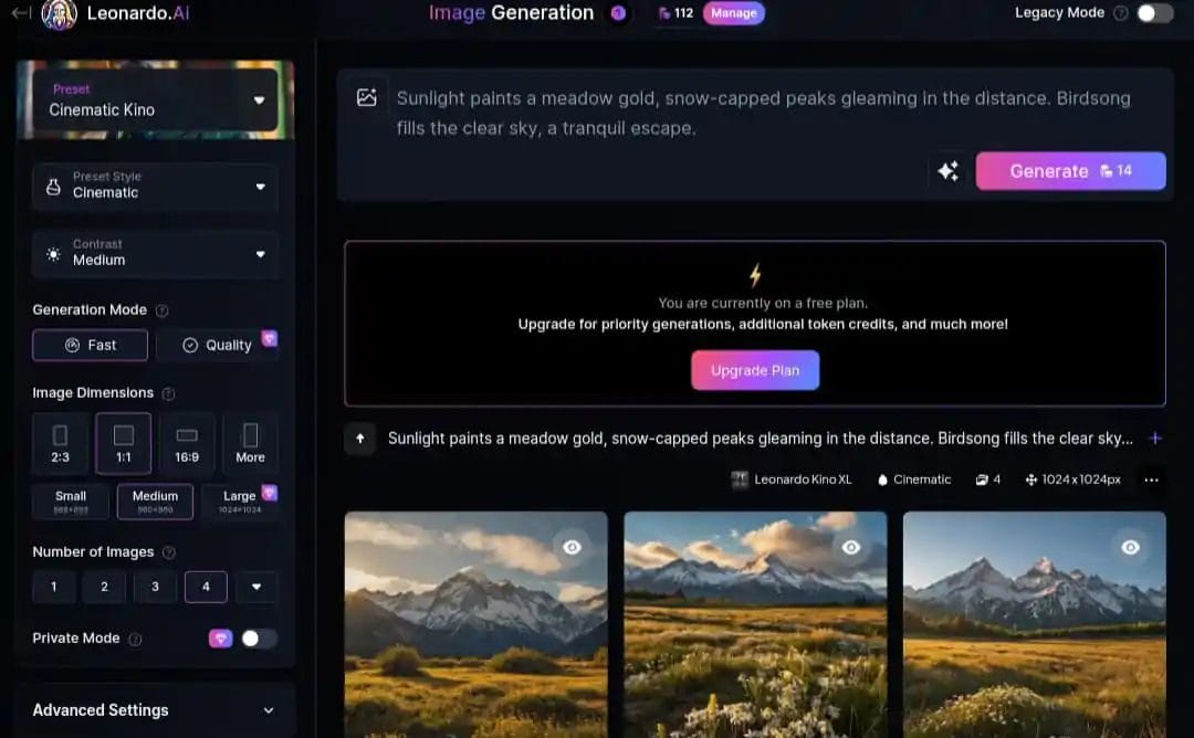 Leonardo.ai image generation interface, with an example of generated image
