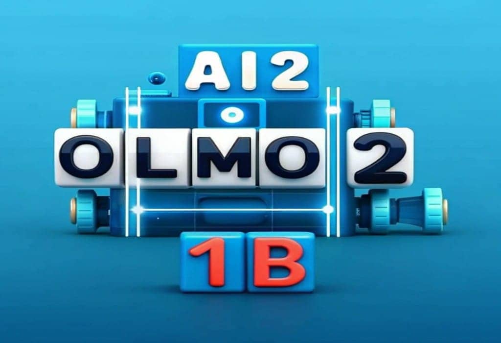 A 3D image displaying the name of the Olmo 2 1B AI model from the Ai2 institution, indicating the model size as 1B.