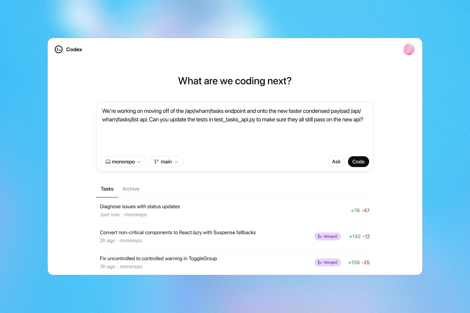واجهة مستخدم OpenAI Codex تعرض كيفية إعطاء الأوامر البرمجية باللغة الطبيعية وتتبع المهام المنجزة.