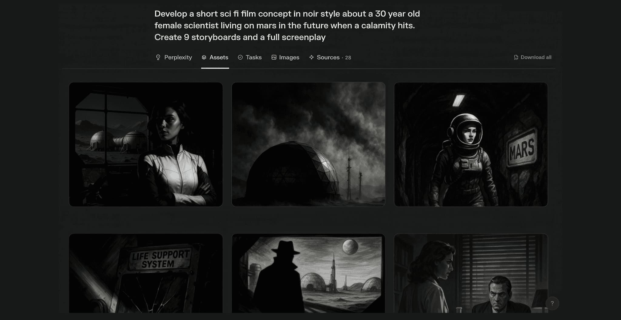 Example of Storyboard Generation for a Film by Perplexity Labs A screen from Perplexity Labs demonstrating how it generates images and storyboards for a sci-fi film from text, displaying multiple images in the same style.