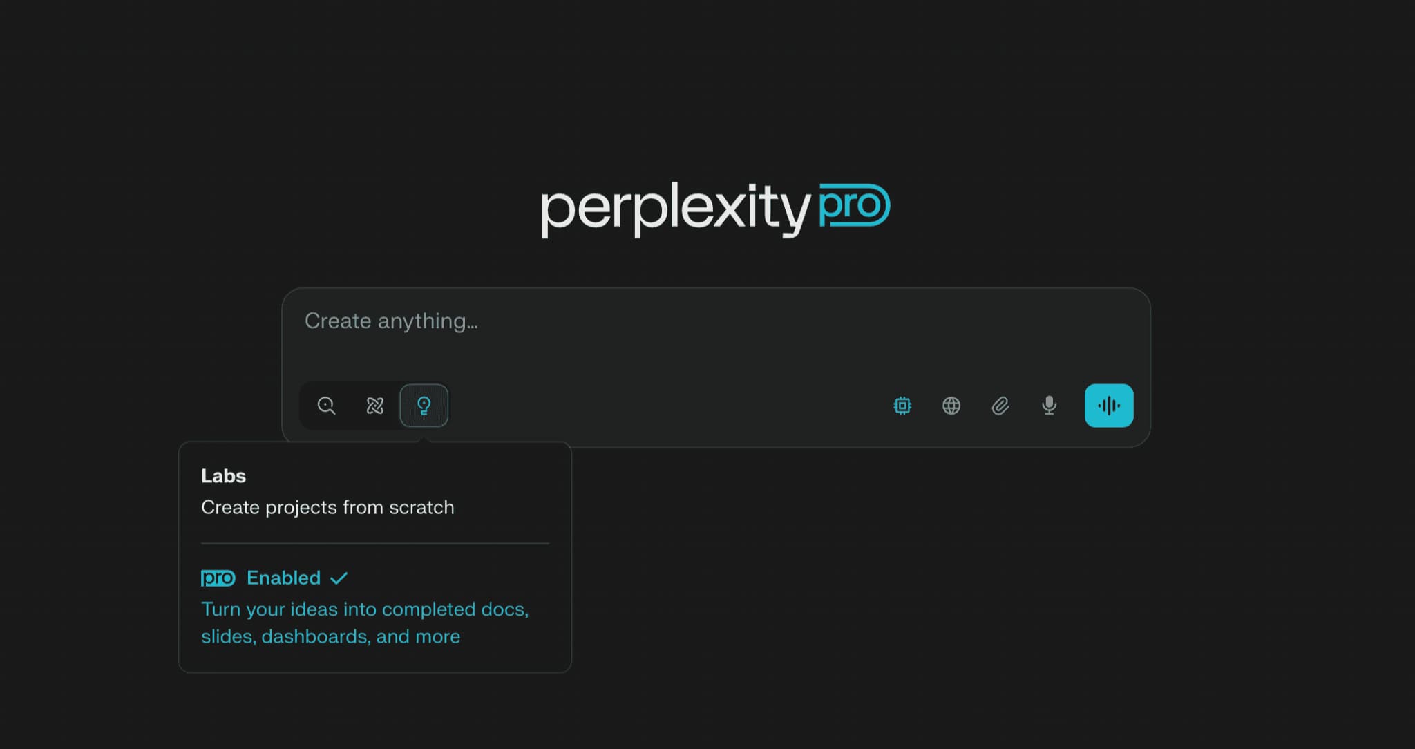 A screenshot of the Perplexity Pro platform interface, showing a main search bar and the 'Labs' option that allows creating projects from scratch and transforming ideas into documents, presentations, and interactive dashboards.