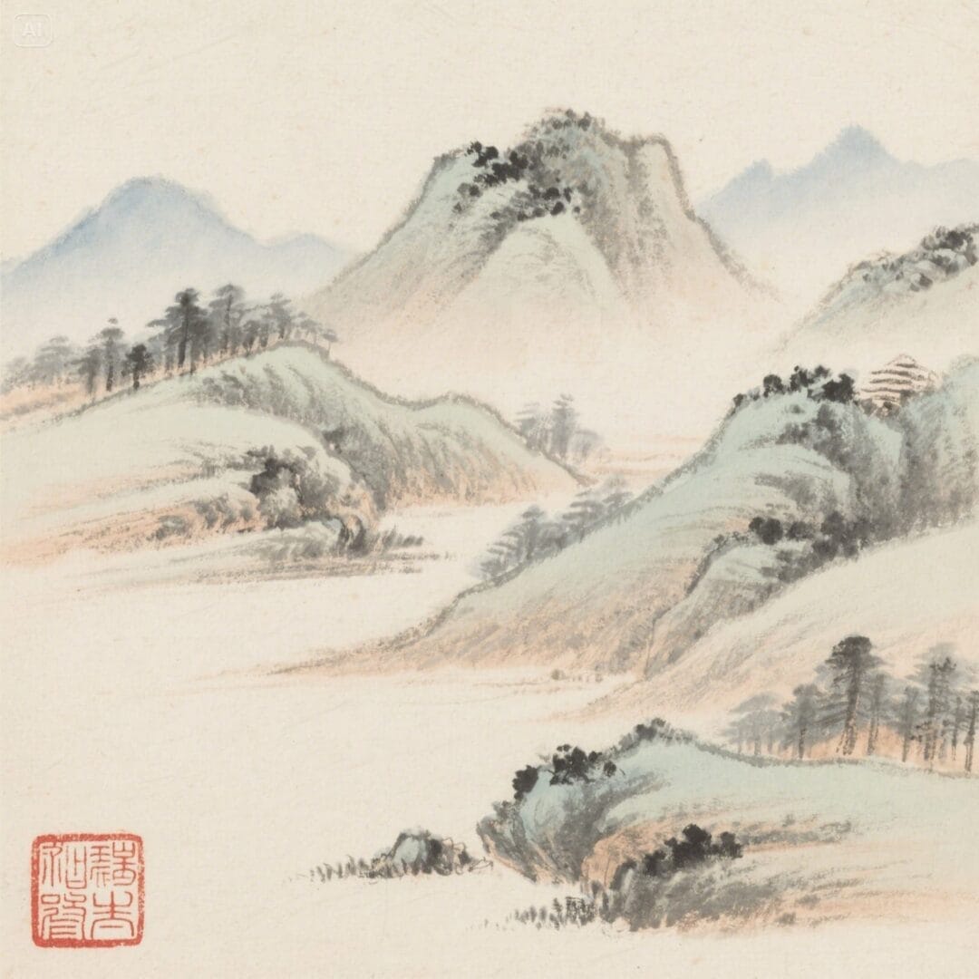 SeeDream 3.0 image: Traditional Chinese painting of mountain landscape with a red stamp.