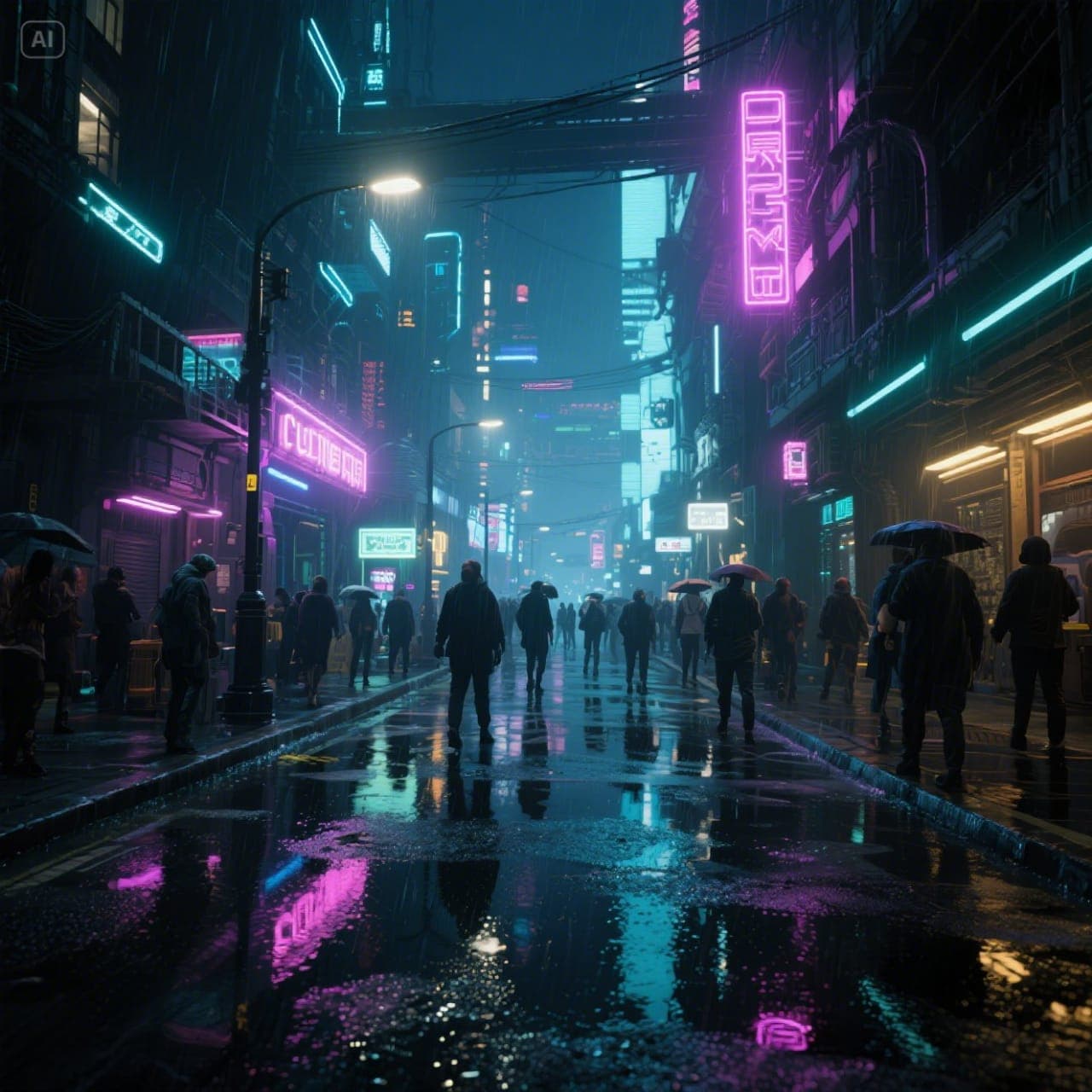 Cyberpunk city street at night in rain, neon lights, reflections.