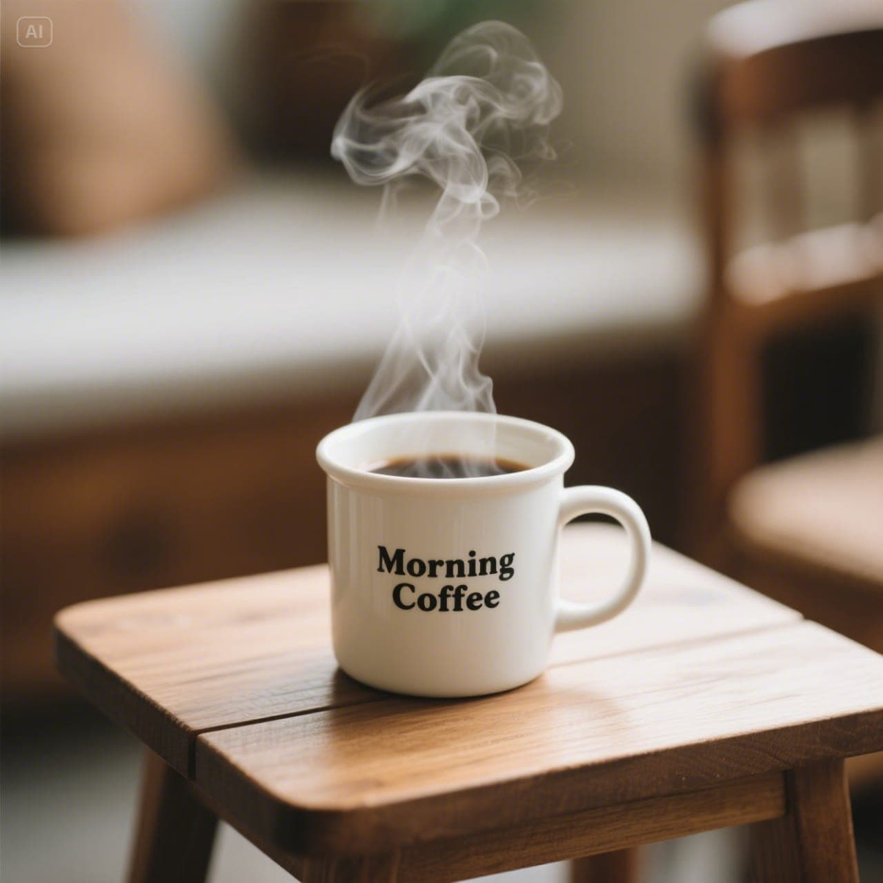 White ceramic mug with 'Morning Coffee' text and steam on wooden table.