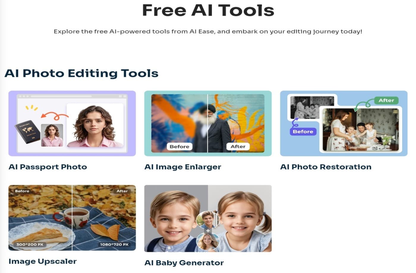 منصة aiease.ai، تظهر العديد من أدوات الذكاء الاصطناعي المجانية التي يقدمها مثل تعديل الصور، ومعالجة واستعادة الصور القديمة مجانًا
