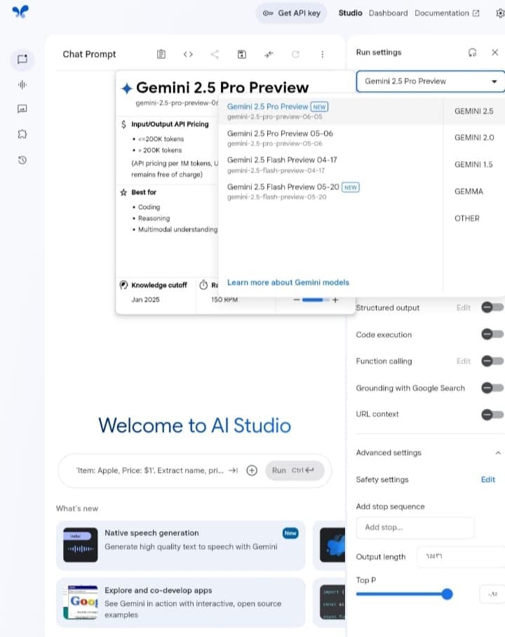 Interface of Gemini 2.5 Pro Preview 06-05 on Google AI Studio platform. The version selection box appears at the top.
