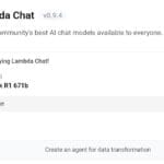Interface of the free Lambda Chat platform, showcasing the DeepSeek R1 671b model as the default chat option.