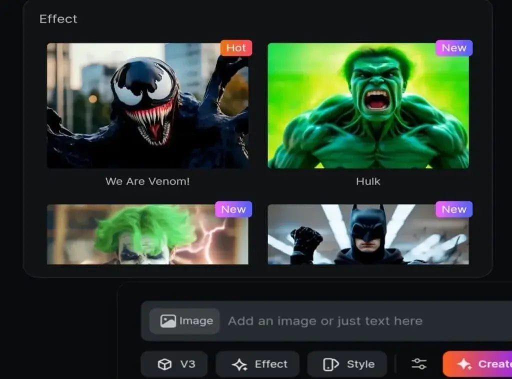 Collection of amazing AI effects like Venom and Hulk.