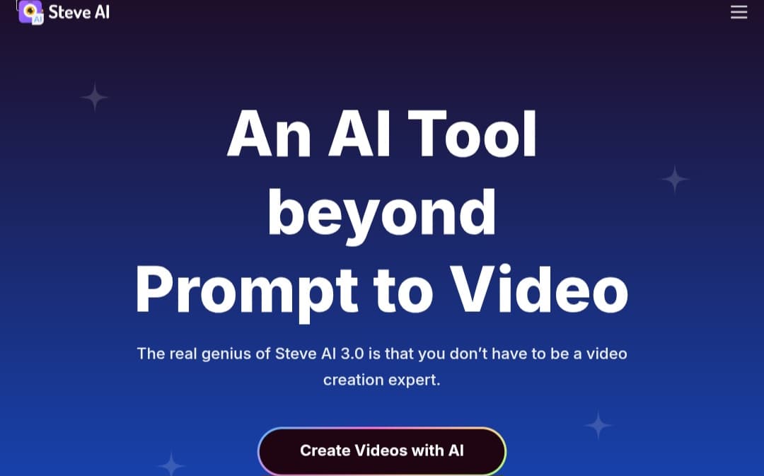 alt="لقطة شاشة لصفحة Steve AI الرئيسية، تظهر عنوان "An AI Tool beyond Prompt to Video" وزر "Create Videos with AI". الصورة توضح واجهة الأداة كصانع فيديو يعتمد على الذكاء الاصطناعي لتحويل النص والأفكار لمحتوى مرئي.