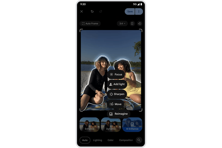 مثال توضيحي لمحرر صور Google الجديد، يقترح أدوات التحرير المناسبة يتم تطبيقها بنقرة واحدة.