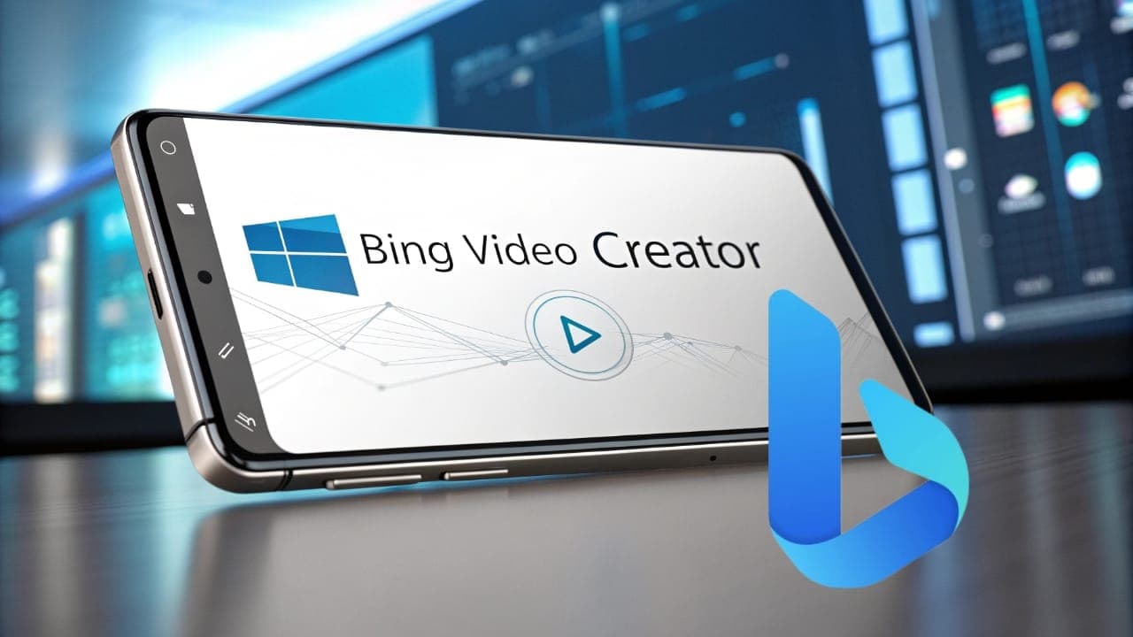 A smartphone screen displaying the Bing Video Creator app interface with the Microsoft logo and a play button, and the Bing logo prominently featured, indicating the free Sora-powered video creation tool.